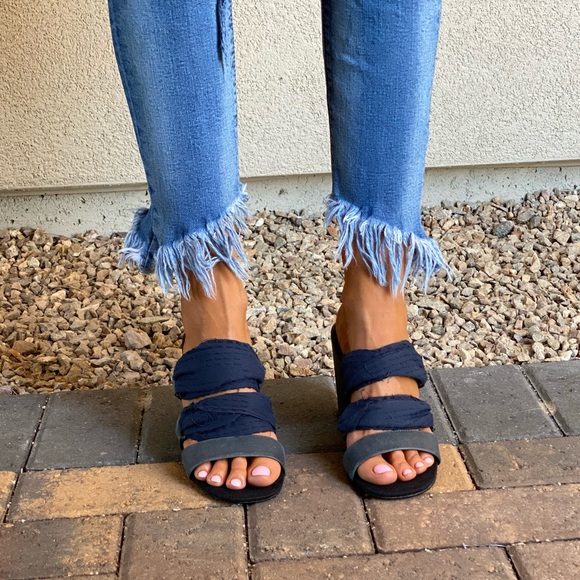 Leather/Fabric Frayed Block Heel Open Toe Mules - Picture 2 of 10